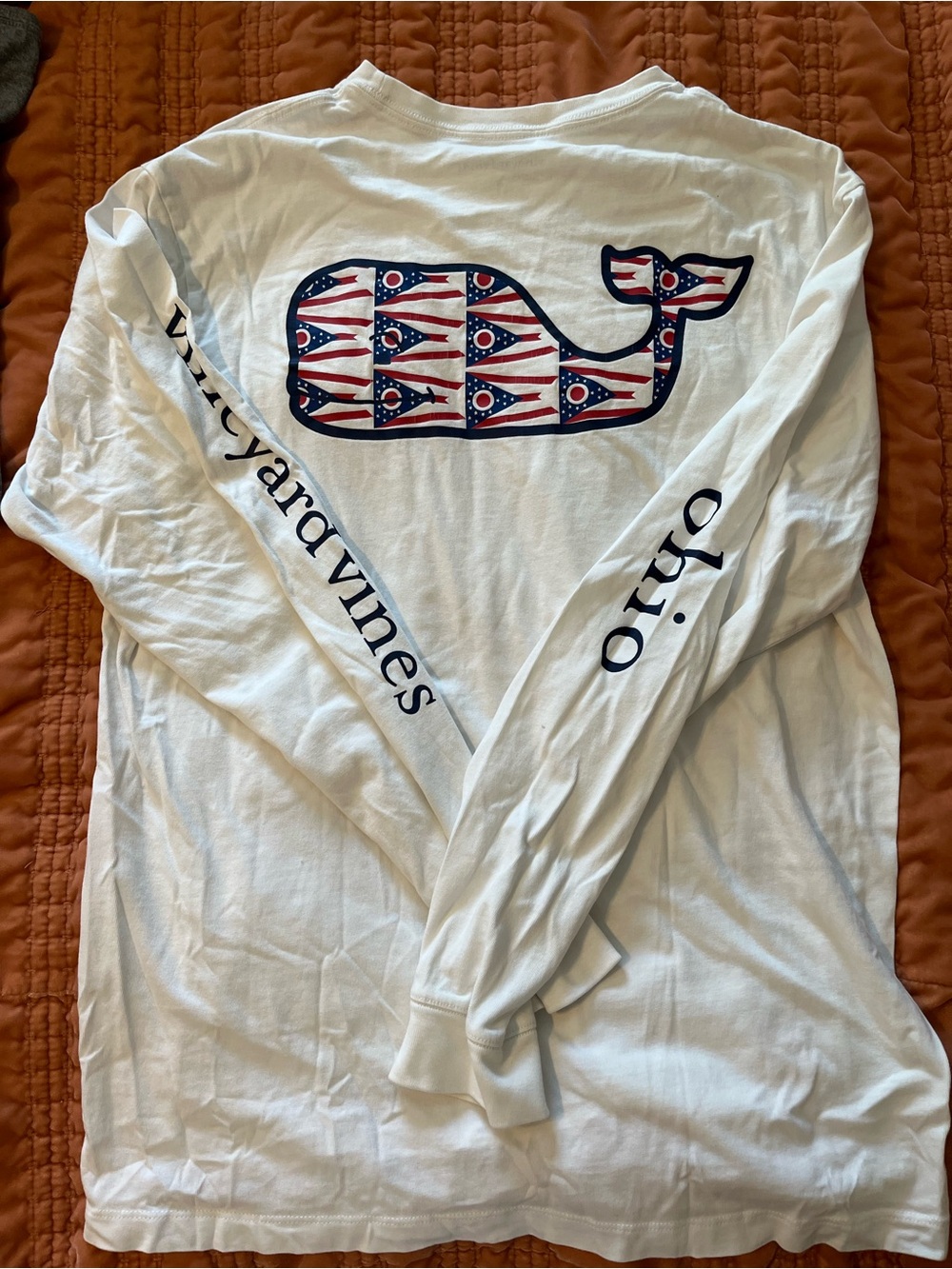 Vineyard Vines White Long-Sleeve Whale Tee with American Flag Pattern Ohio
